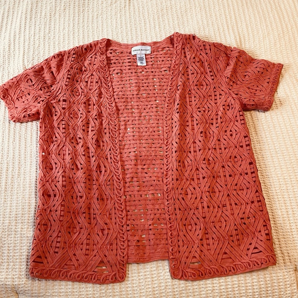Alfred Dunner Pink Peach Open‎ Knit Crochet Short Sleeve Cardigan Size S